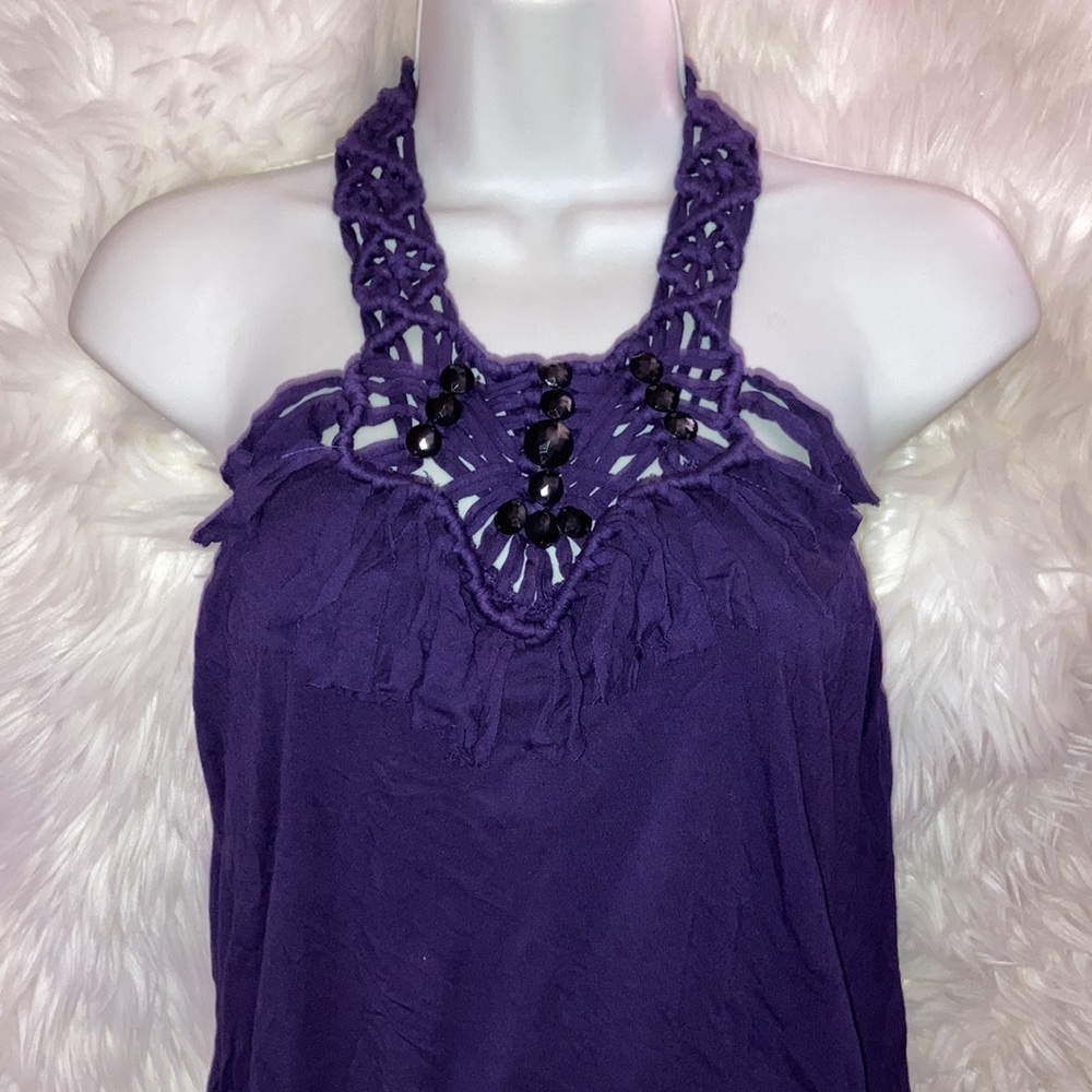 BEBE Purple Braided Fringe Beads Halter Top Shelf Bra Top M